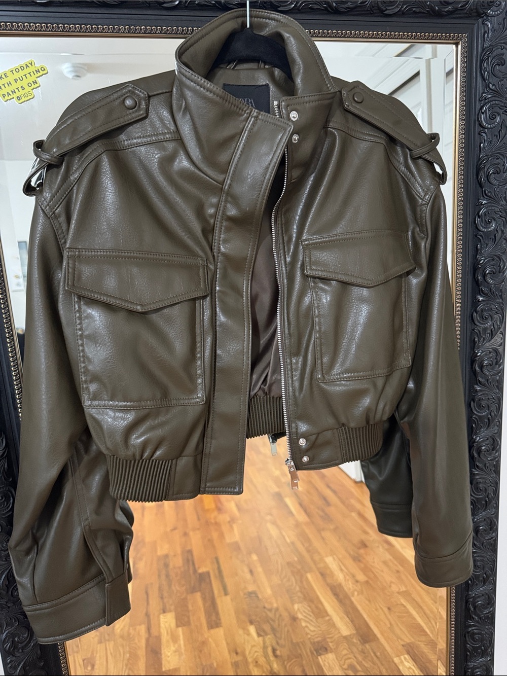Zara Olive Green Faux Leather Bomber Jacket